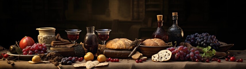 Obraz na płótnie Canvas a table with food and wine