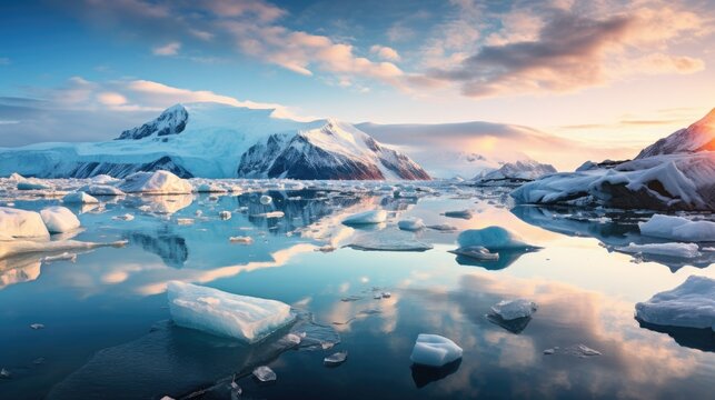 icebergs in the water with mountains in the background