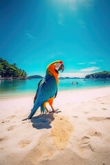 Fototapeta na wymiar Go Pro Shot of a Colorful Parrot standing in front of the Ocean of Rio. Generative AI.
