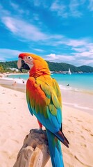 Fototapeta na wymiar Go Pro Shot of a Colorful Parrot standing in front of the Ocean of Rio. Generative AI.