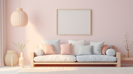 Cozy light home interior mock-up in pastel colors,p2