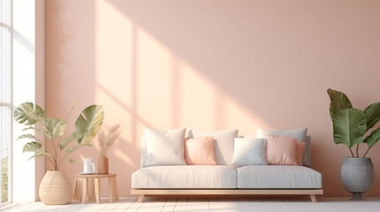 Cozy light home interior mock-up in pastel colors,