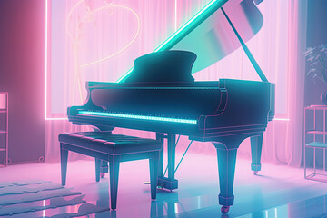 Grand piano on neon stage. Generative AI