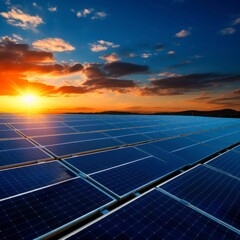  Solar panel with blue sky and sunset