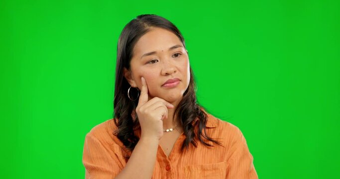 Green screen face, Asian woman and thinking of ideas, planning development or question decision, choice or plan. Chroma key portrait, brainstorming solution and Japanese person on studio background