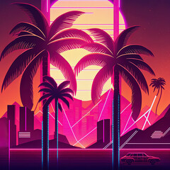 Synthpop palm trees illustration. Playlist cover or music album cover