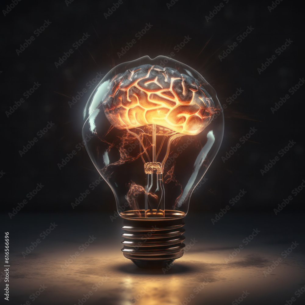 Poster the intersection of science and creativity is captured in a conceptual light bulb with a glowing bra