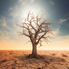 tree growing and dry with sky and sun background