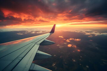 Fototapeta na wymiar Golden Hour Flight: View from Airplane Wings - Generative AI