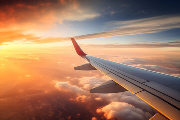 Obraz premium Golden Hour Flight: View from Airplane Wings - Generative AI