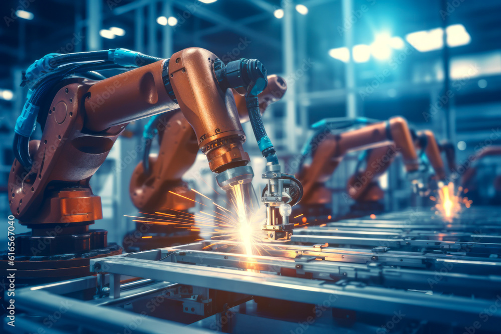 Poster workshop of welding robots. background with selective focus and copy space. ai generated, human enha