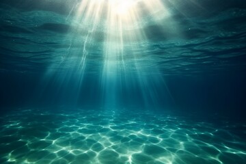 Fototapeta na wymiar Transparent water, underwater sea background. Mockup or backdrop with sunbeams under water. AI generated, human enhanced