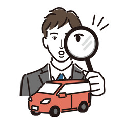 車と虫眼鏡を持つビジネスマン