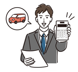 車と電卓を見せるビジネスマン