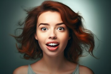 Portrait of a young woman with surprised emotion. Background with selective focus and copy space. AI generated, human enhanced - obrazy, fototapety, plakaty