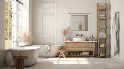 Fototapeta na wymiar White cozy bathroom interior, farmhouse style p2