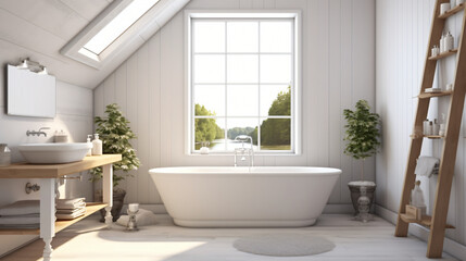 Fototapeta na wymiar White cozy bathroom interior, farmhouse style p1