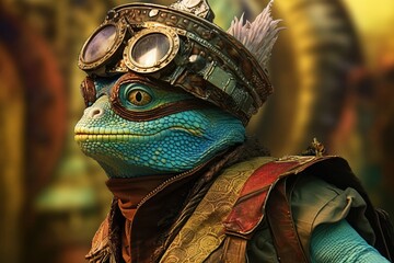 Obraz premium Chameleon, Steam punk, wearing sunglasses, pyschedelic. Generative AI.