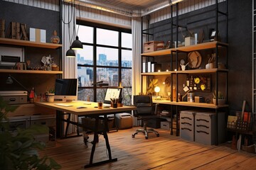 Realistic Industrial style home office with large windows and bookcase. generative AI.