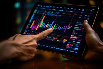 Show a person's hand holding a tablet and showing financial market data. Show hands only. Generative AI.