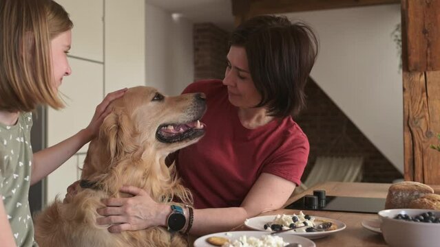 Mother and daughter with golden retriever dog with cottage chease breakfast feeding pet and smiling, Young woman and preteen girl family with purebred doggy eat cream milk desert
