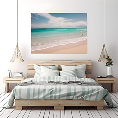 nterior of modern bedroom with sea view, wooden floor, 3d render. AI generated