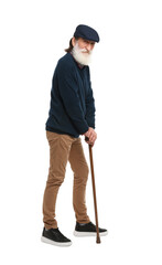 Senior man with walking cane on white background