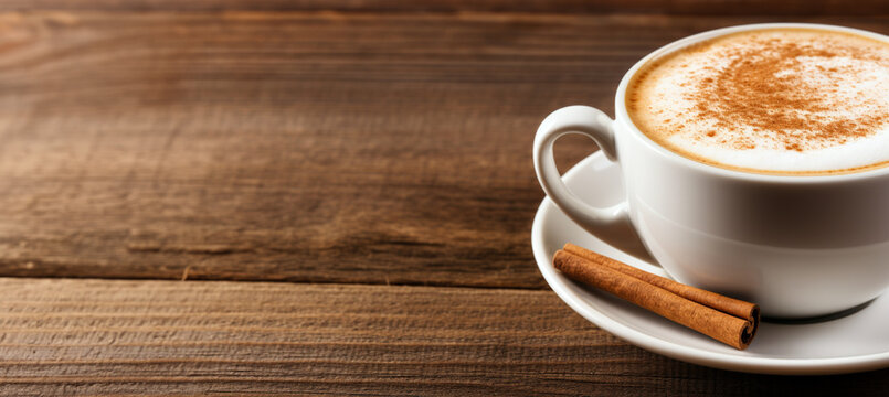 Hot cinnamon coffee latte on a wooden table with copy space, 