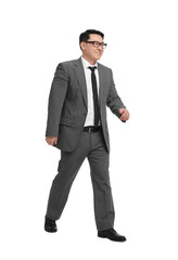Businessman in suit walking on white background
