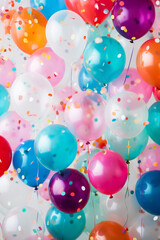 fliegende bunte Party Ballons in vielen verschiedenen Farben mit Konfetti. Generative Ai. - obrazy, fototapety, plakaty