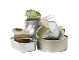 Many open tin cans isolated on white