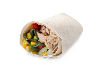 Delicious tortilla wrap with tuna isolated on white