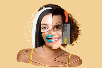 Collage art face design of multiracial diverse people in different emotion, beauty and equality concept - obrazy, fototapety, plakaty