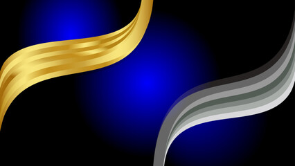 Abstract black background Blue gradient, elegant golden wave stripes and gray stripes.