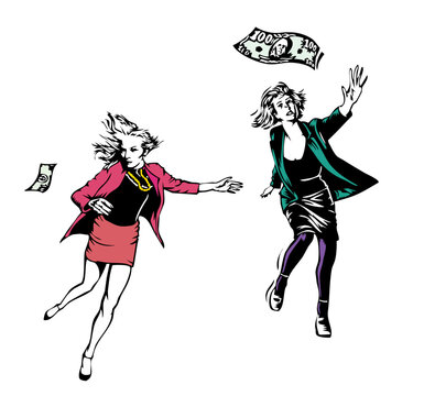 fashionably dressed modern women chasing flying American money