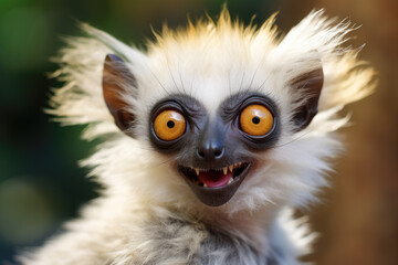 Naklejka premium Close up of a lemur having a laugh with yellow eyes
