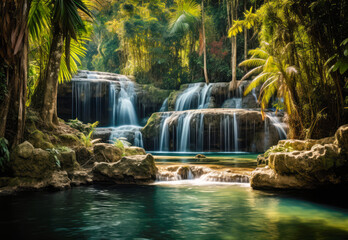 A waterfall surrounded by tropical foliage