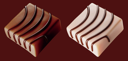 Chocolate covered square cake. 3d illustration. Isolated on background. Clipping path.
