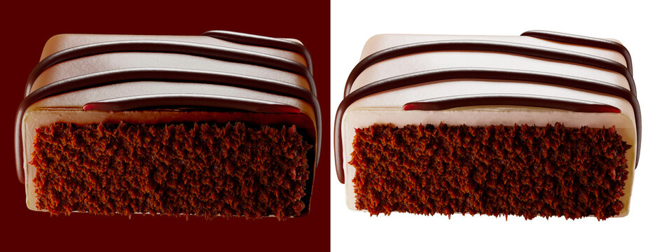 Chocolate covered square cake. 3d illustration. Isolated on background. Clipping path.