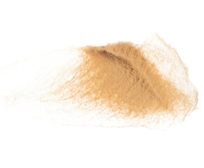 Small size fine Sand flying explosion, Golden grain wave explode. Abstract cloud fly. Yellow colored sand splash silica in Air. White background Isolated high speed shutter, throwing freeze shot