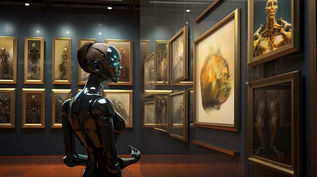 Humanoid robot looks at AI art paintings in futuristic museum. AI generated