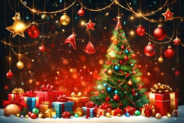 Christmas tree with colorful decoration of Xmas objects and gift boxes made with Generative AI