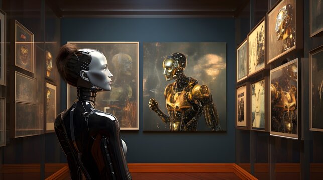 Humanoid girl robot looks at AI art paintings in futuristic museum. AI generated