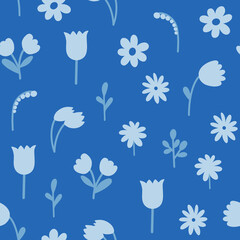 Fototapeta na wymiar Simple blue flowers seamless pattern. Hand drawn cute floral allover illustration. Wild flowers on blue background