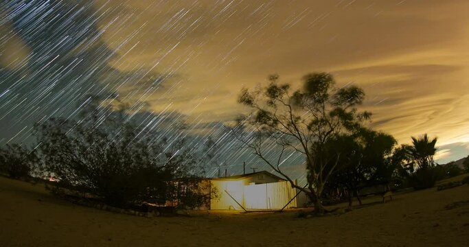 Star Trails Night Sky Clouds Desert House Timelapse