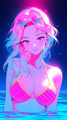 Obraz na płótnie Canvas hand drawn cartoon anime cool swimsuit girl illustration in summer
