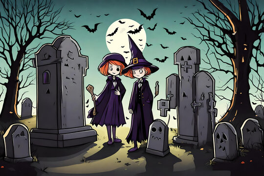 Halloween creepy night background with cartoon character in costume at the graveyard made with Generative AI