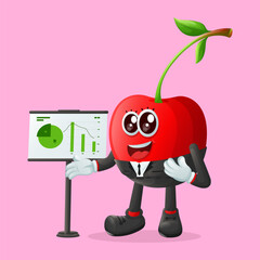 Cute cherry character presenting financial reports