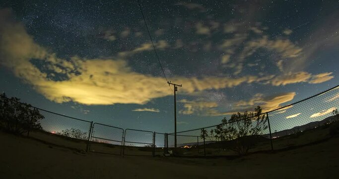 Night Sky Fence Yard Milky Way Clouds Time-lapse