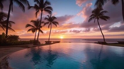 Naklejka na ściany i meble Tropical paradise: Sunset over infinity pool, beachfront bliss